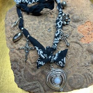 Black and Silver tone bandana Charm Necklace